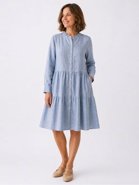 NWT - Alice Walk - Linen Tiered Shirt Dress - Soft Blue